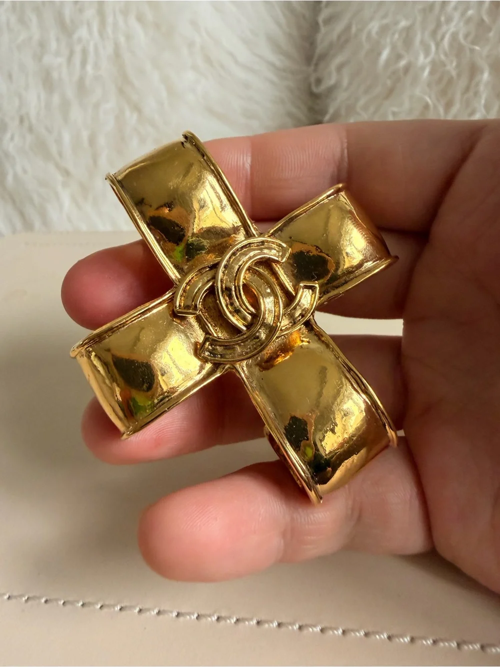 chanel Gold Tone Cross Brooch with Interlocking CC Logo